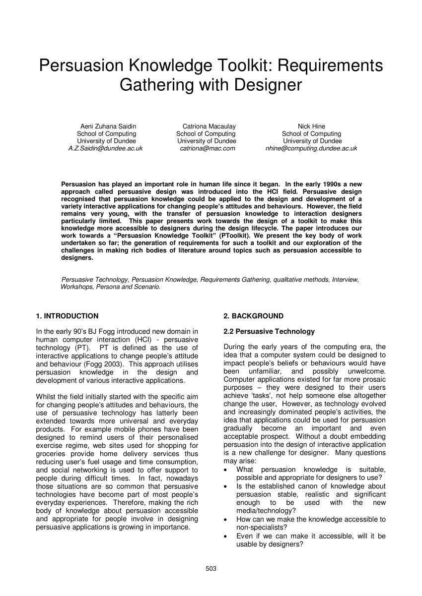 PDF) Persuasion Knowledge Toolkit: Requirements Gathering with