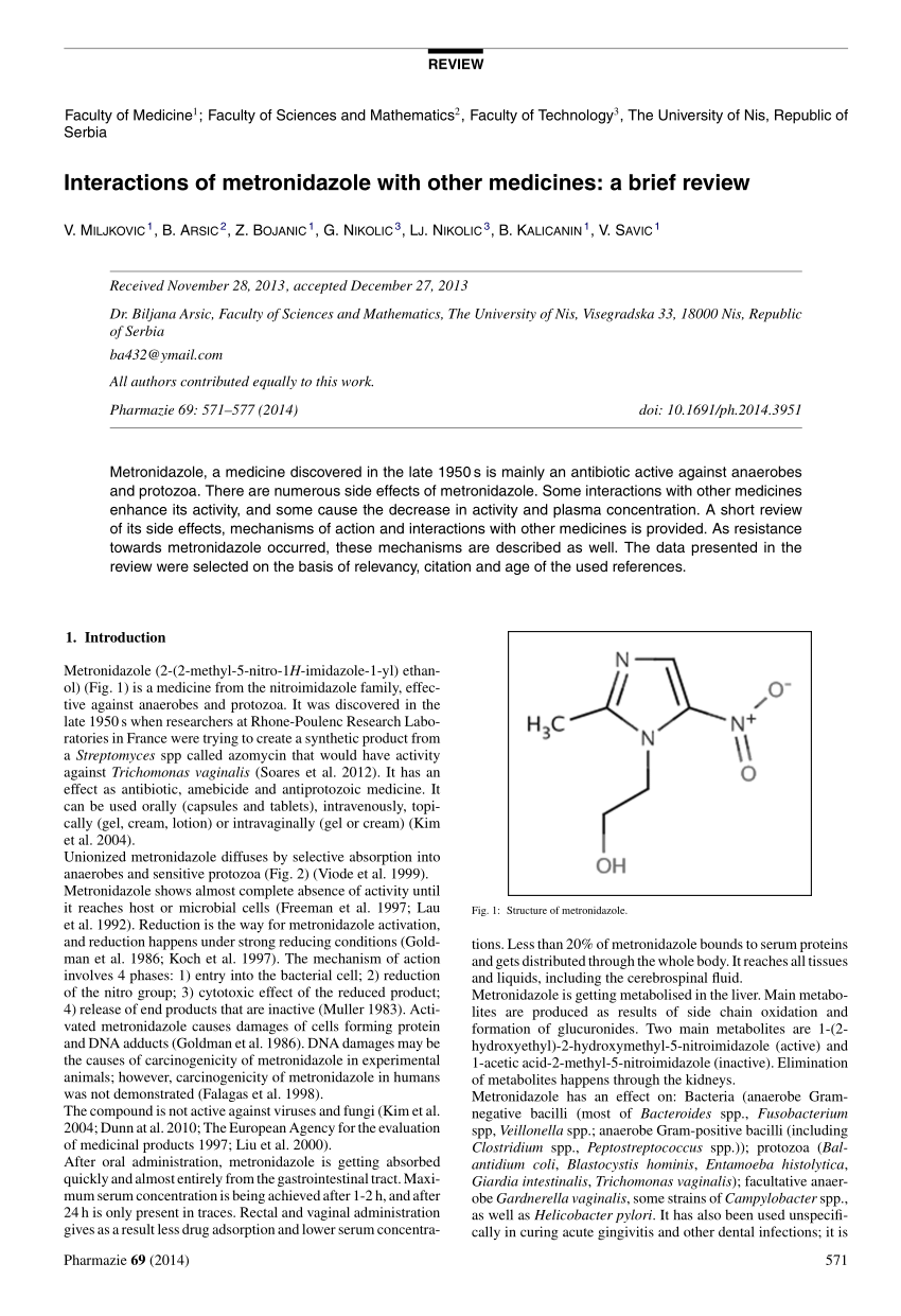 Pdf Interactions Of Metronidazole With Other Medicines A Brief Review