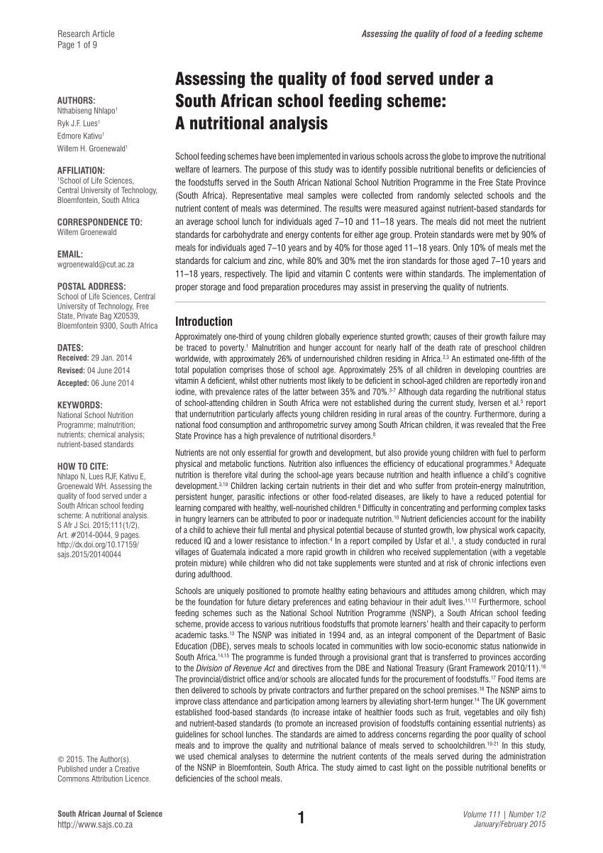 (PDF) Assessing the quality of food served under a South African school