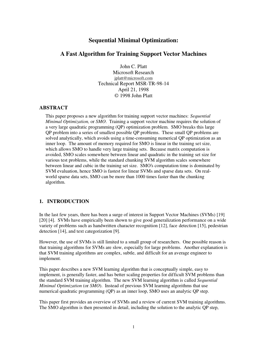Pdf Sequential Minimal Optimization A Fast Algorithm For Training Support Vector Machines