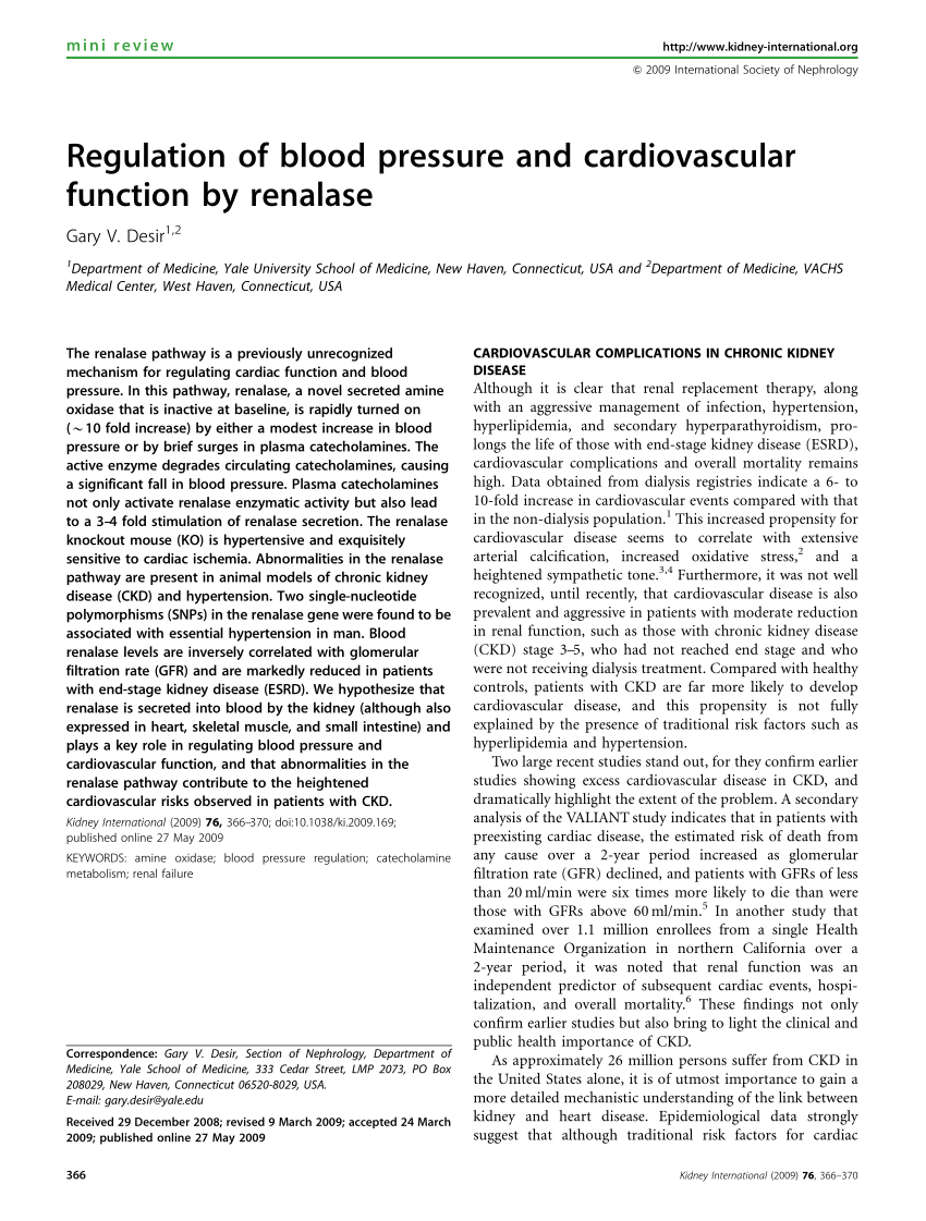 (PDF) Regulation of blood pressure and cardiovascular function by renalase