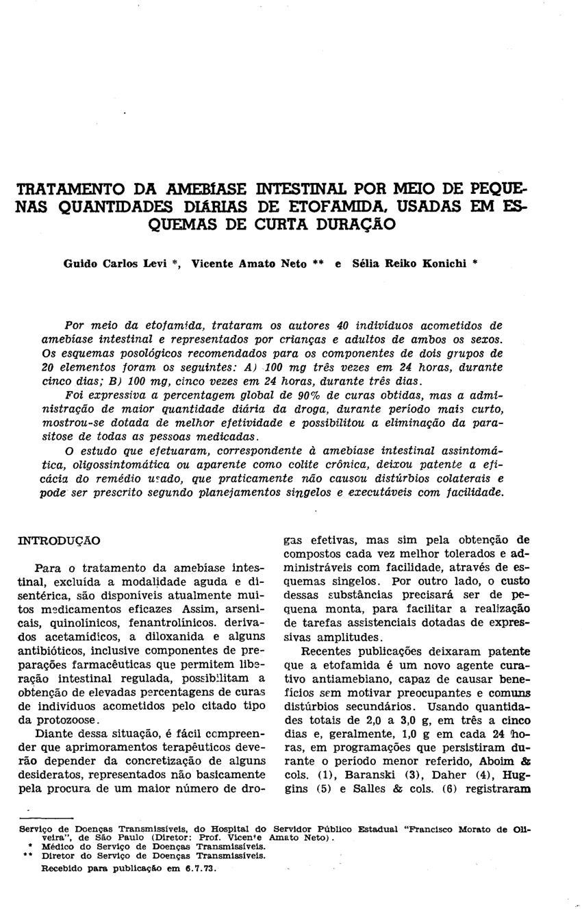 Pdf Tratamento Da Amebiase Intestinal Por Meio De Pequenas Quantidades Diarias De Etofamida Usadas Em Esquemas De Curta Duracao