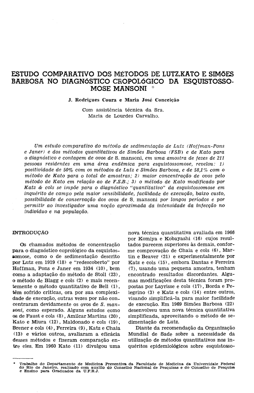 Pdf Estudo Comparativo Dos Metodos De Lutz Kato E Simoes Barbosa No Diagnostico Cropologico Da Esquistossomose Mansoni
