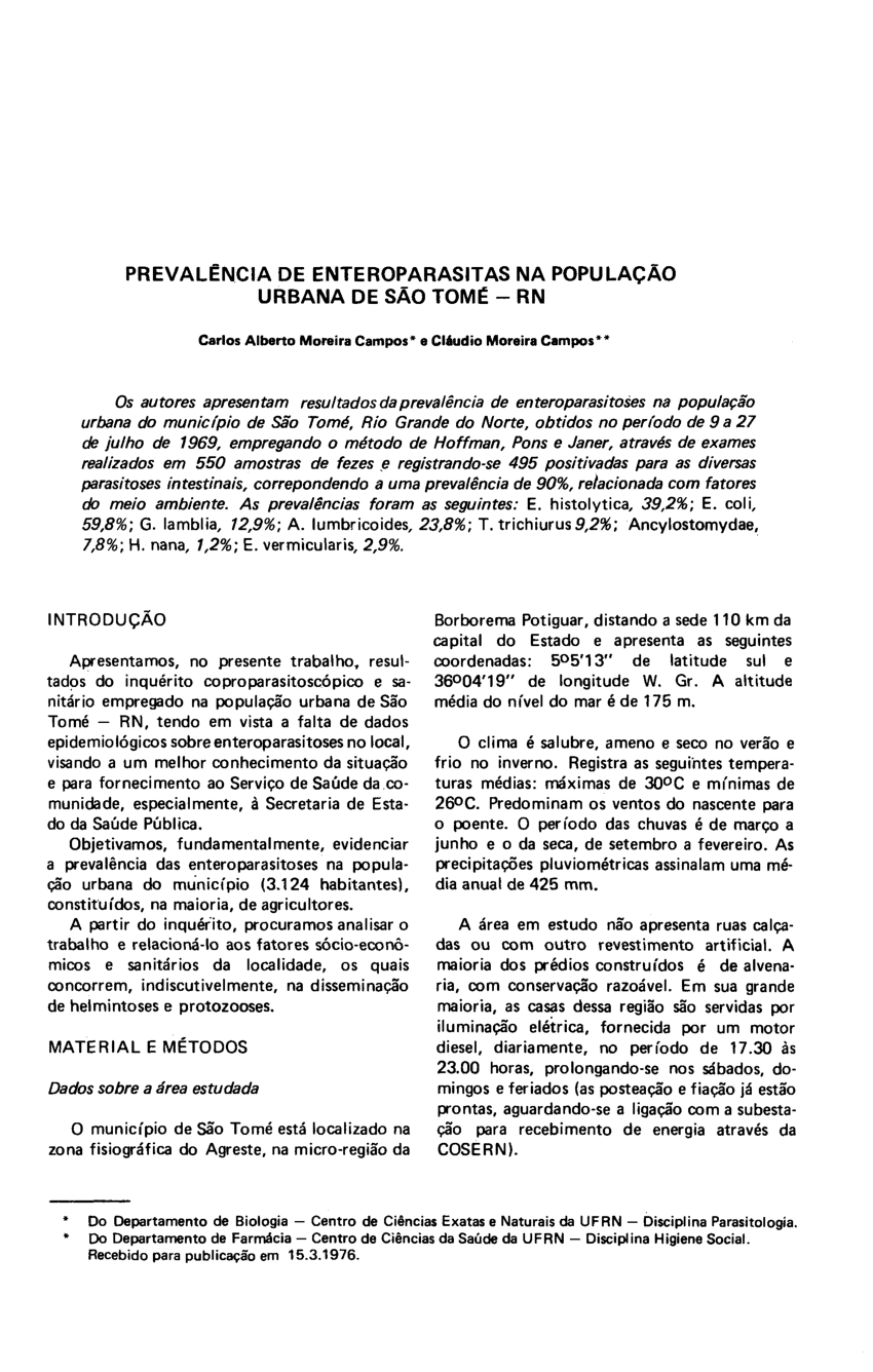 Pdf Prevalencia De Enteroparasitas Na Populacao Urbana De Sao Tome Rn