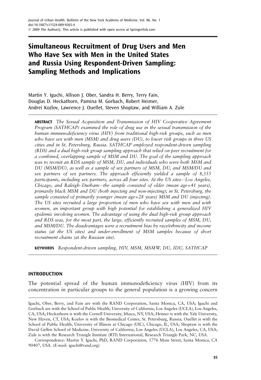 PDF) Simultaneous Recruitment of Drug Users and Men Who Have Sex with Men  in the United States and Russia Using Respondent-Driven Sampling: Sampling  Methods and Implications