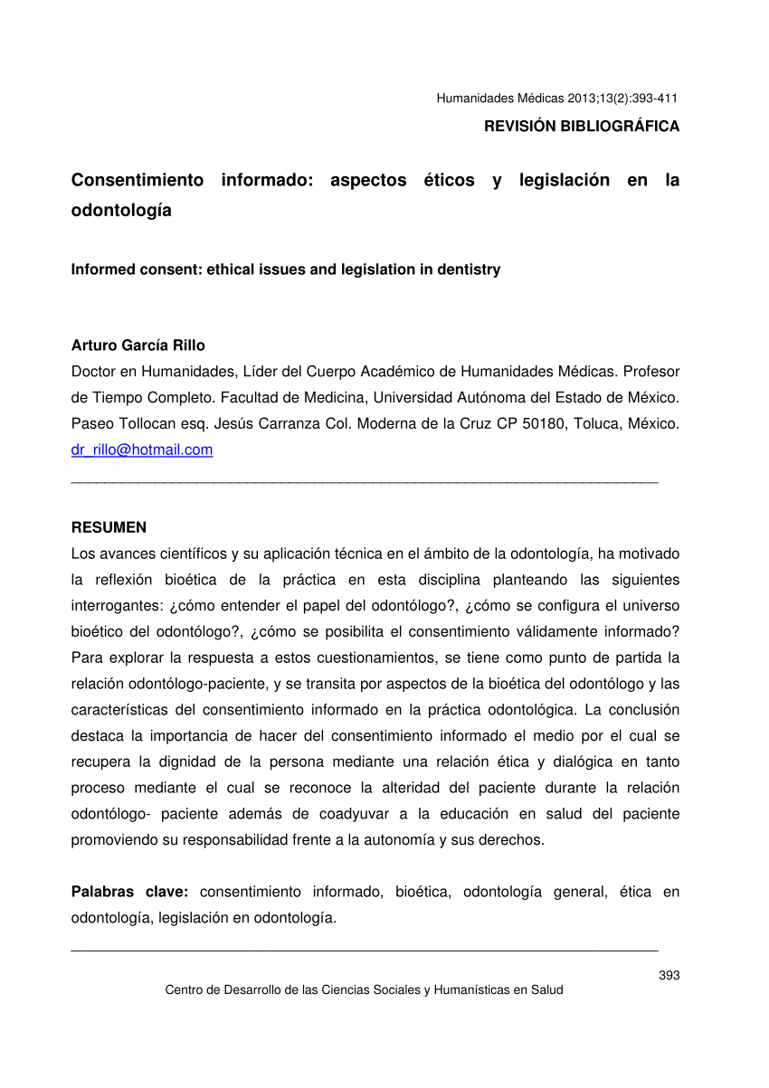PDF) Consentimiento informado: aspectos éticos y legislación en la  odontología