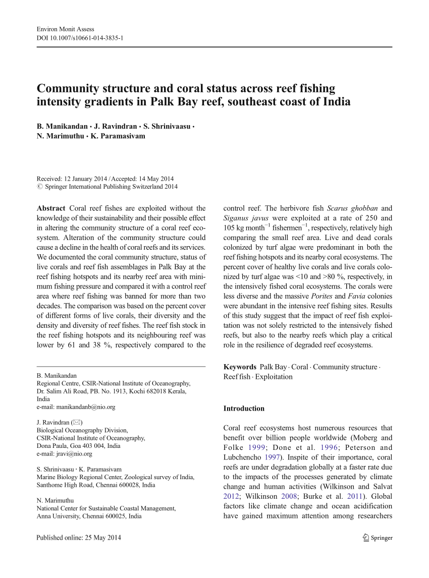PDF) Community structure and coral status across reef fishing intensity  gradients in Palk bay reef, Southeast coast of India