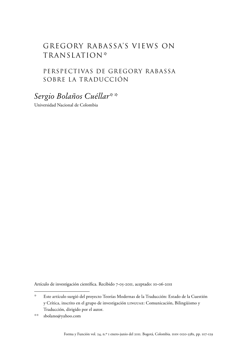 Pdf Gregory Rabassa S Views On Translation