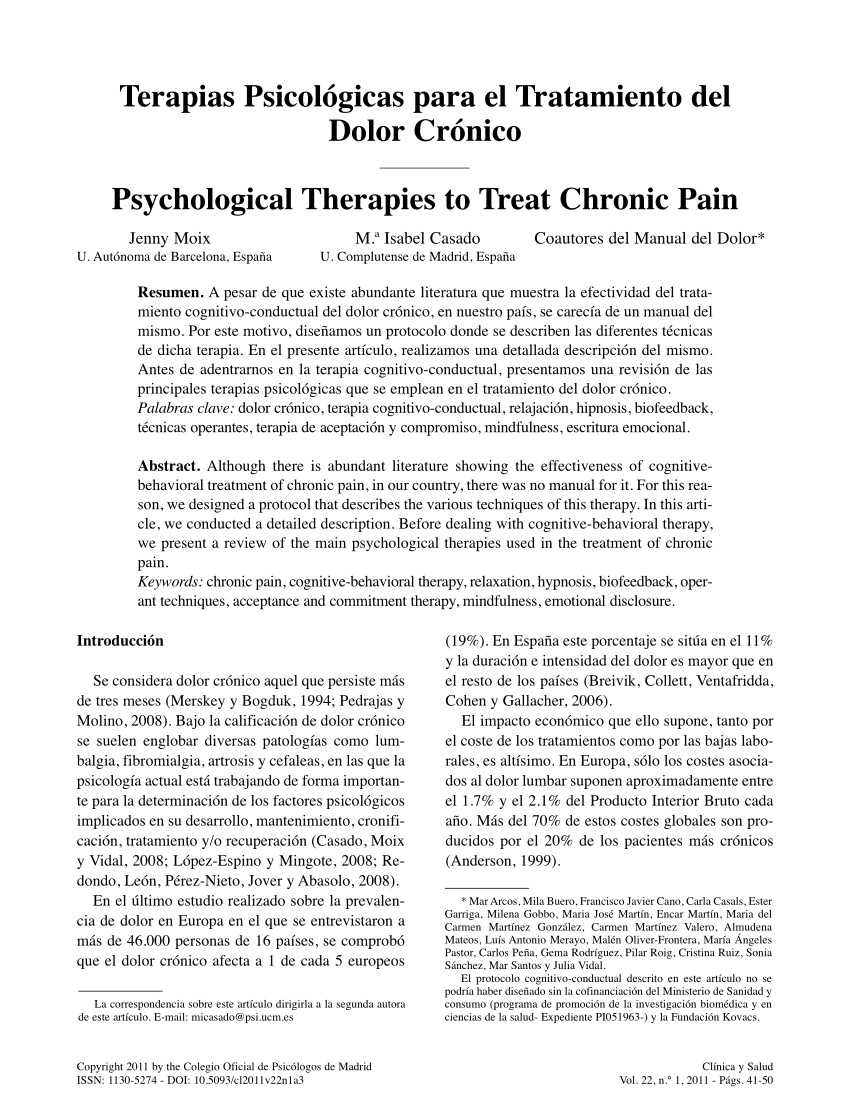 Tratamiento psicológico del dolor crónico - Medicina del Dolor