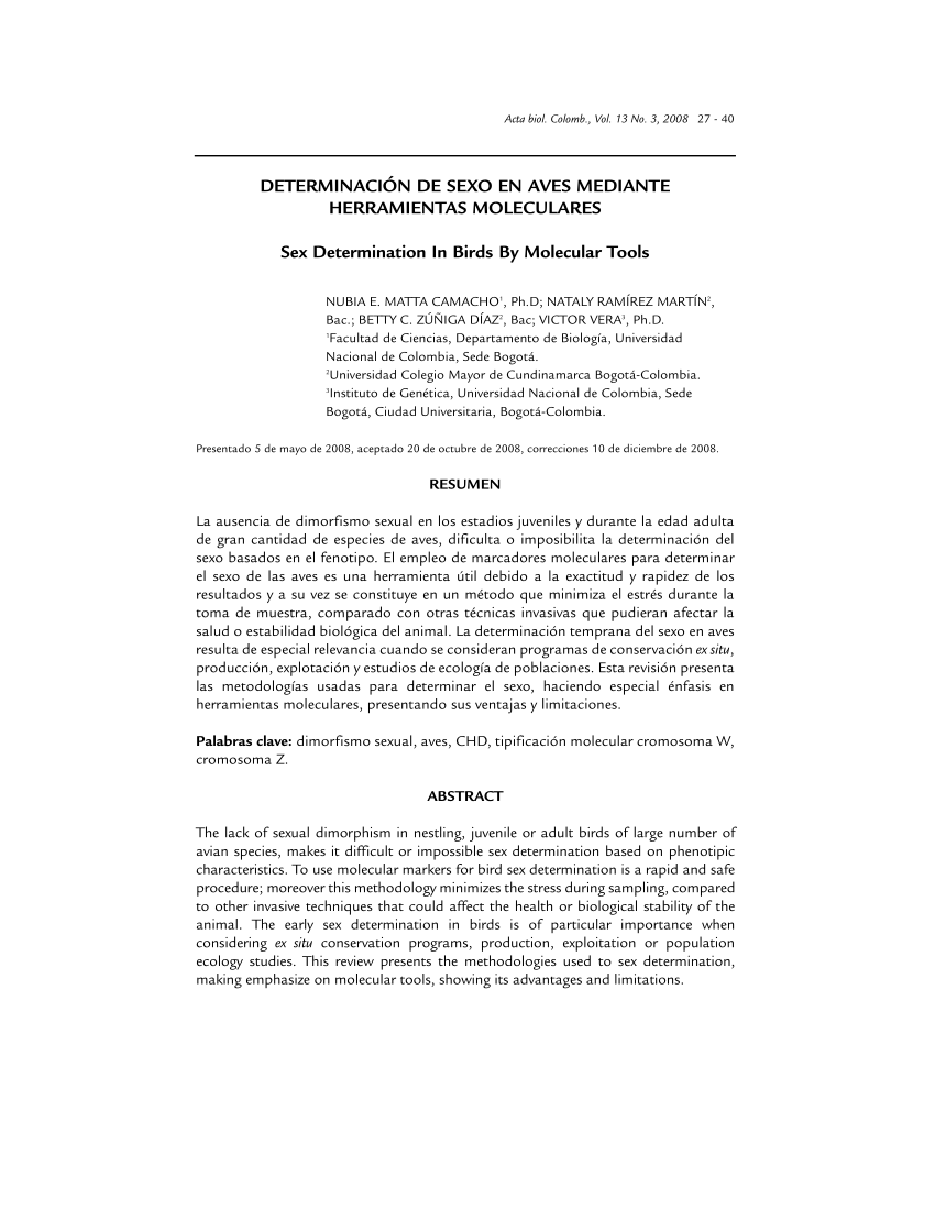 Pdf Sex Determination In Birds By Molecular Tools 1113