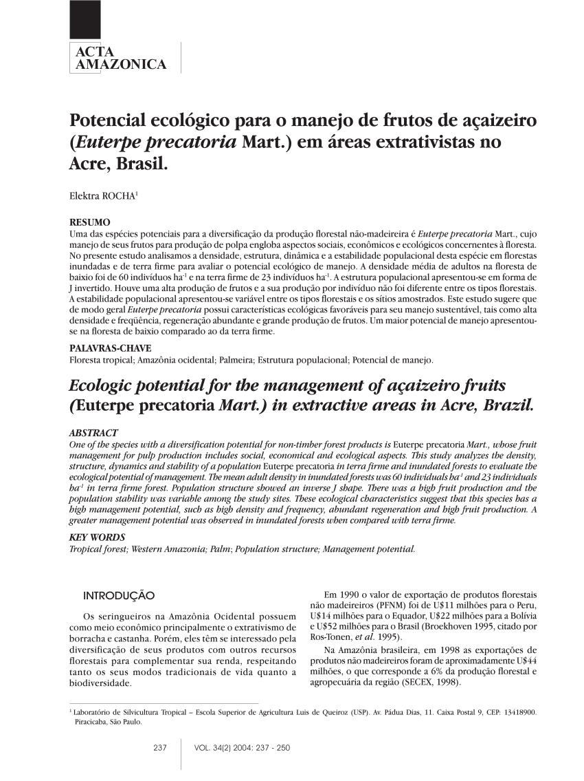 Pdf Ecologic Potential For The Management Of Açaizeiro Fruits Euterpe Precatoria Mart In 2550