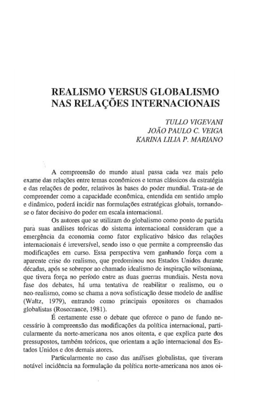 (PDF) Realism versus globalism in international relations