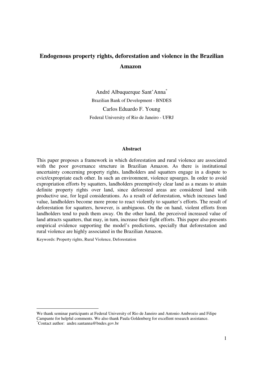 Pdf Endogenous Property Rights Deforestation And Violence In The Brazilian Amazon