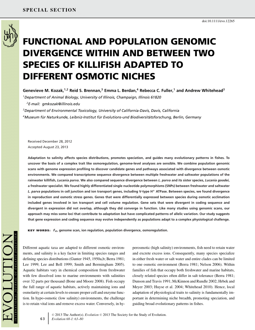 PDF) Functional and population genomic divergence within and between two  species of killifish adapted to different osmotic niches