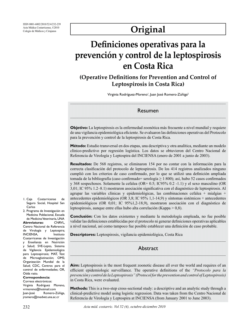 PDF) Definiciones operativas para la prevención y control de la  leptospirosis en Costa Rica
