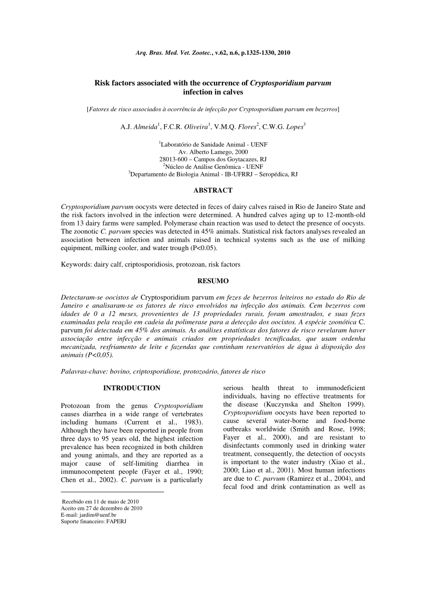 Pdf Risk Factors Associated With The Occurrence Of Cryptosporidium Parvum Infection In Calves