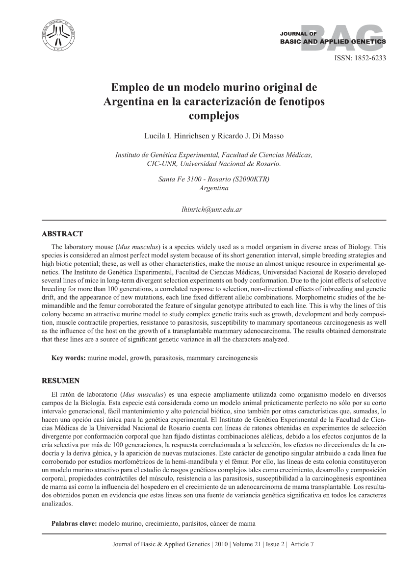 PDF) Empleo de un modelo murino original de Argentina en la caracterización  de fenotipos complejos