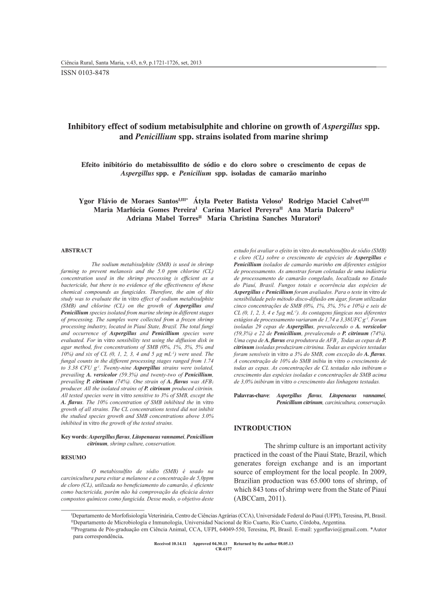 Pdf Inhibitory Effect Of Sodium Metabisulphite And Chlorine On Growth Of Aspergillus Spp And Penicillium Spp Strains Isolated From Marine Shrimp