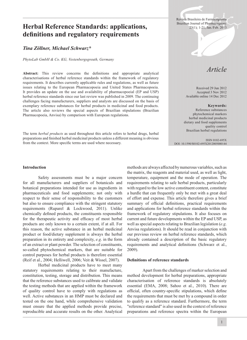 Pdf Herbal Reference Standards Applications Definitions And Regulatory Requirements