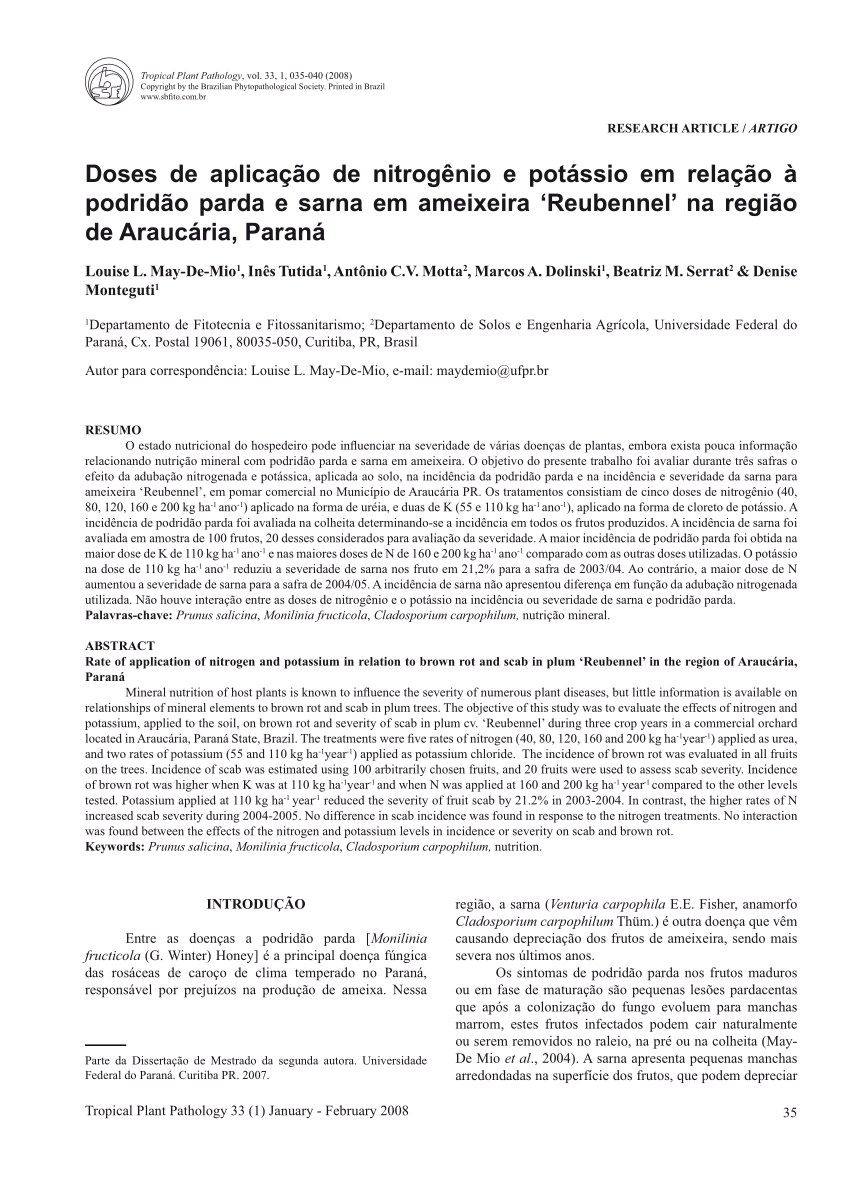Pdf Rate Of Application Of Nitrogen And Potassium In Relation To Brown Rot And Scab In Plum Reubennel In The Region Of Araucaia Parana