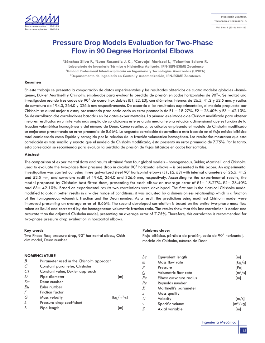 Pdf Pressure Drop Models Evaluation For Two Phase Flow In 90 Degree Horizontal Elbows