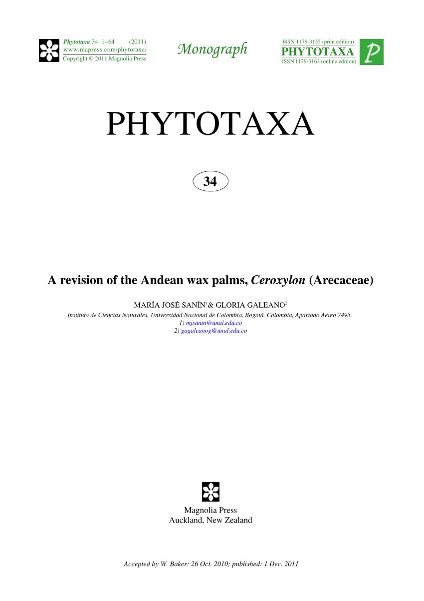 Pdf A Revision Of The Andean Wax Palms Ceroxylon Arecaceae