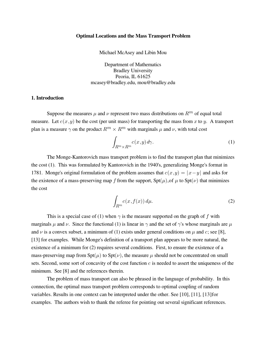 Pdf Optimal Locations And The Mass Transport Problem