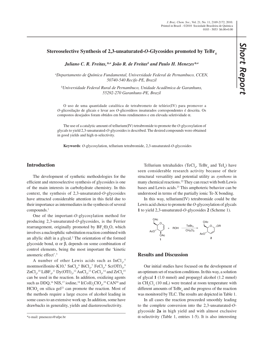 Pdf Stereoselective Synthesis Of 2 3 Unsaturated O Glycosides Promoted By Tebr4