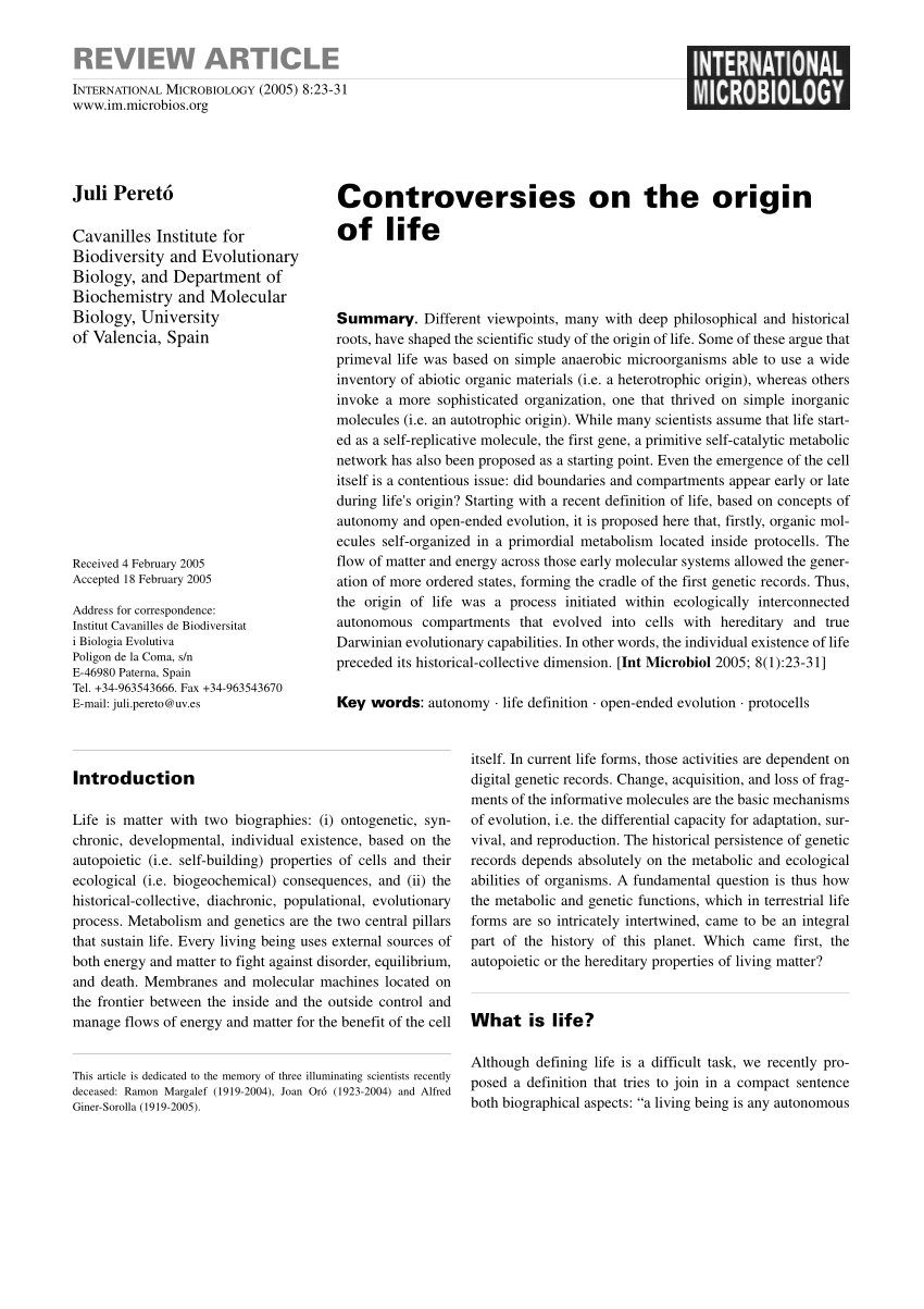 Pdf Controversias Sobre El Origen De La Vida