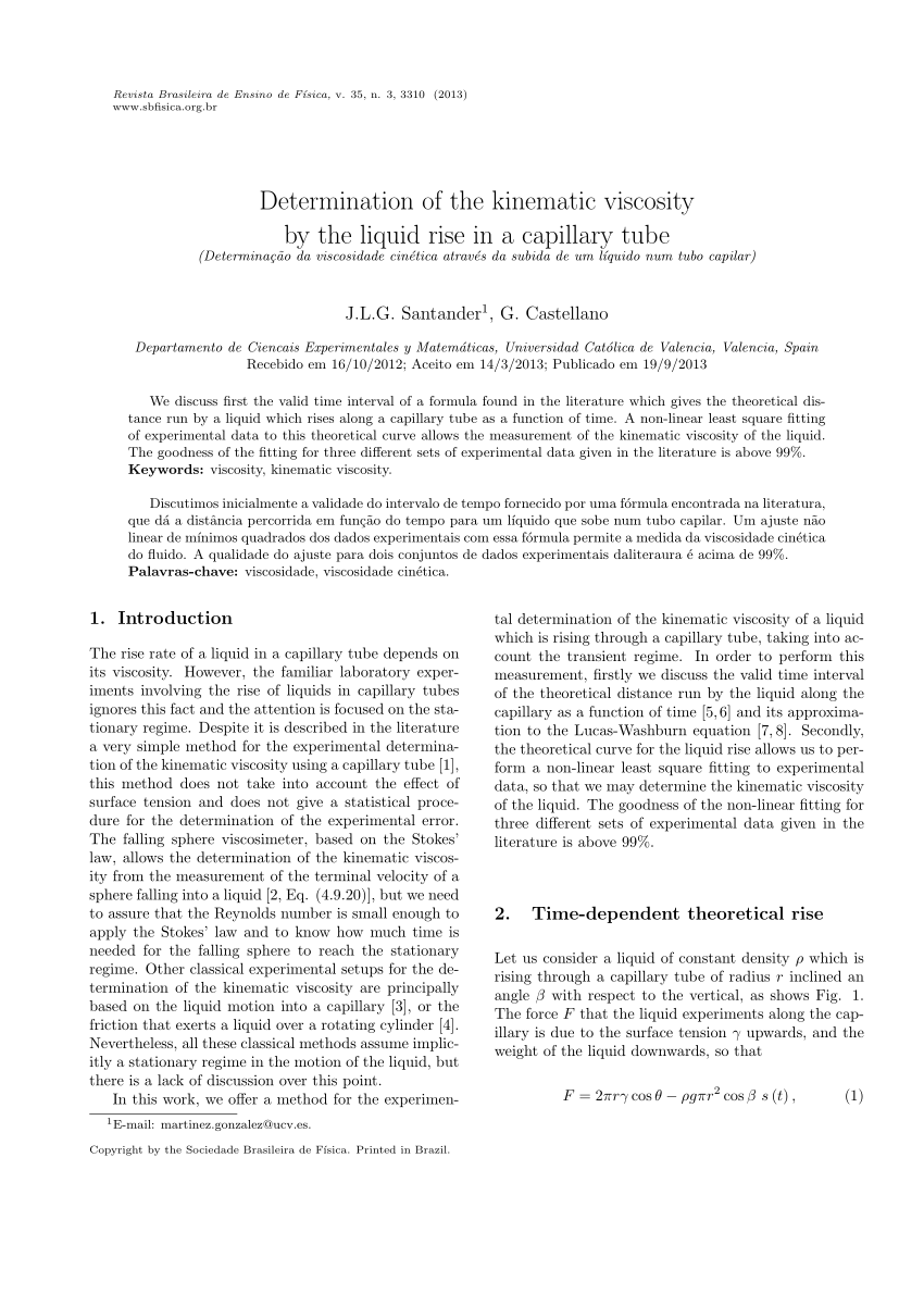Pdf Determination Of The Kinematic Viscosity By The Liquid Rise In A Capillary Tube