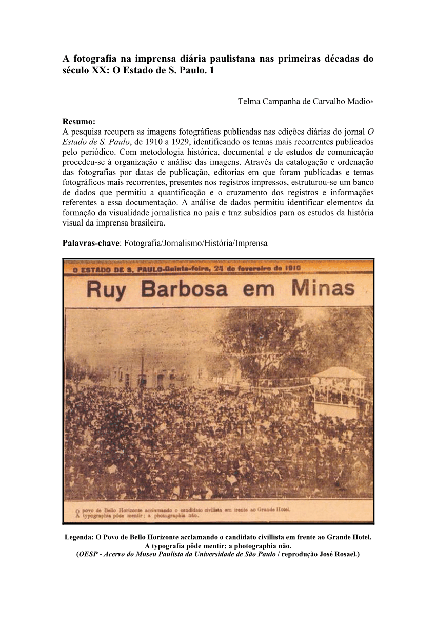 PDF) Photography in the first decades of the twentieth century as reported  by São Paulo state daily press: O Estado de S. Paulo