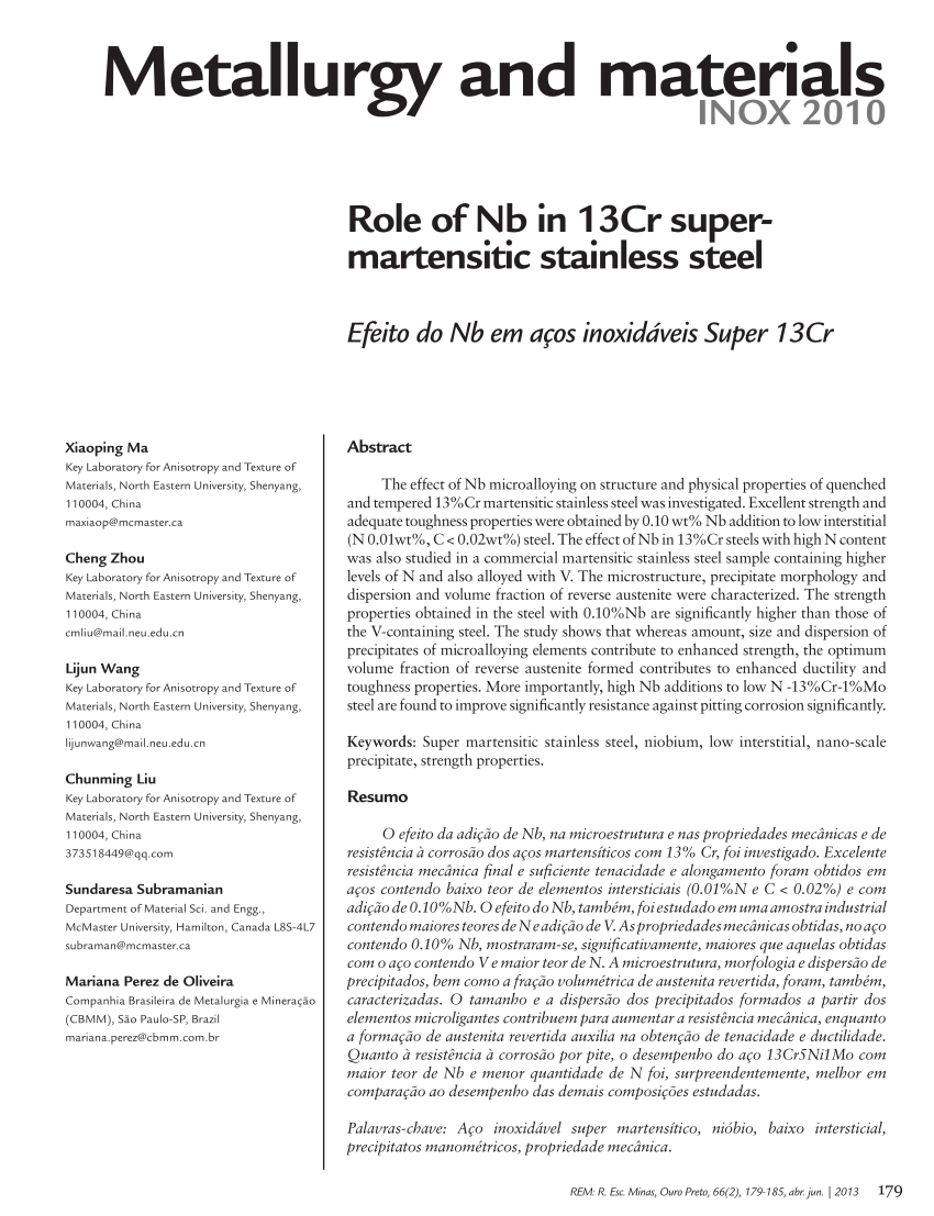 Pdf Role Of Nb In 13cr Super Martensitic Stainless Steel