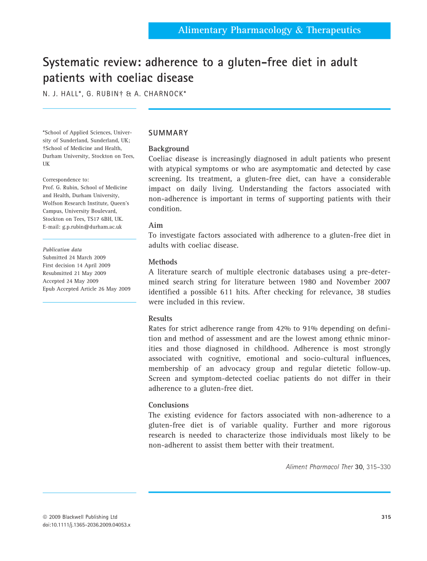 Pdf Systematic Review Adherence To A Gluten Free Diet In Adult Patients With Coeliac Disease 