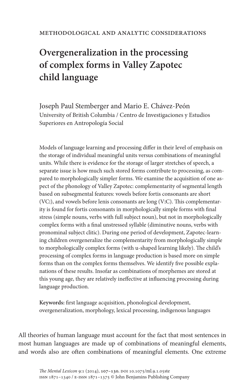 Pdf Overgeneralization In The Processing Of Complex Forms In Valley Zapotec Child Language