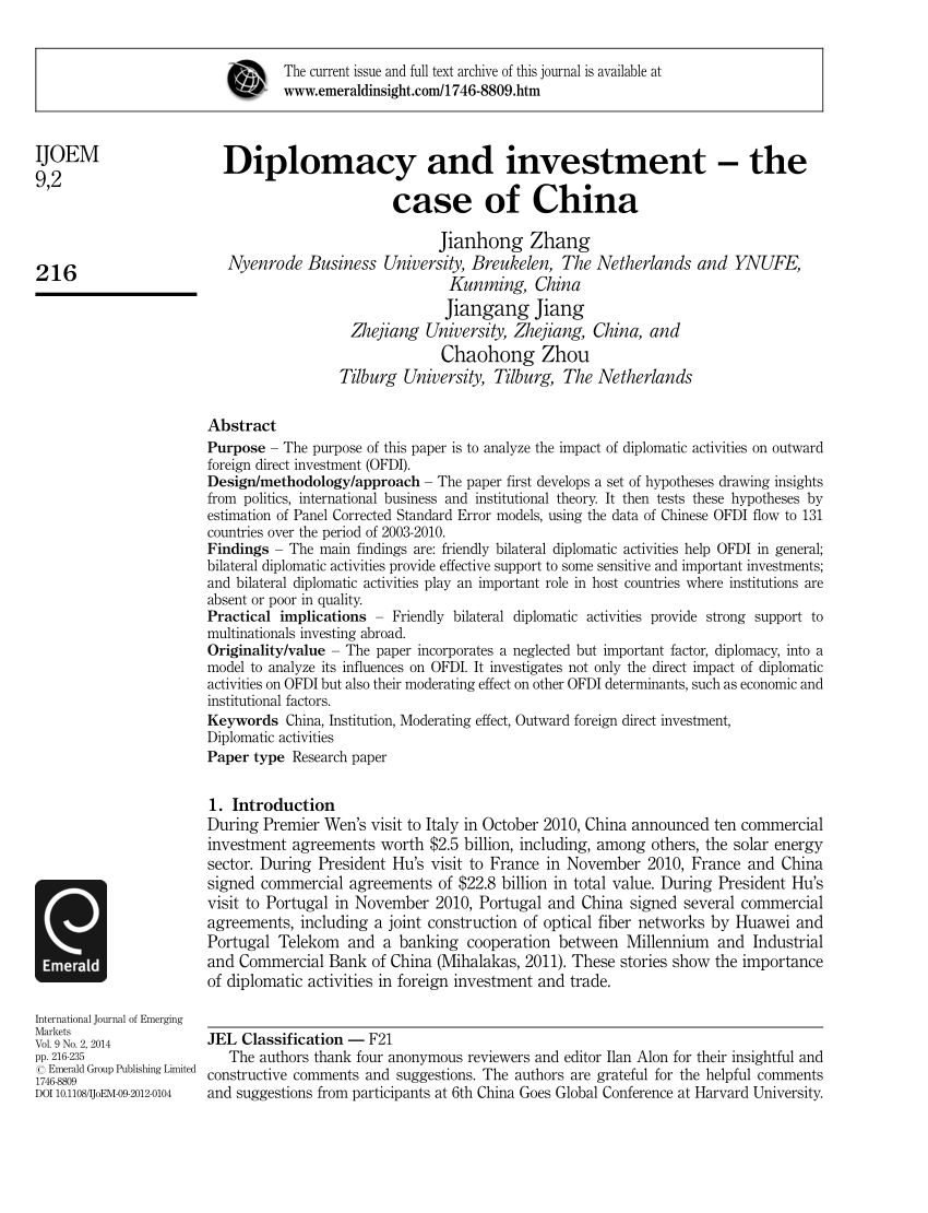 Pdf Diplomacy And Investment The Case Of China