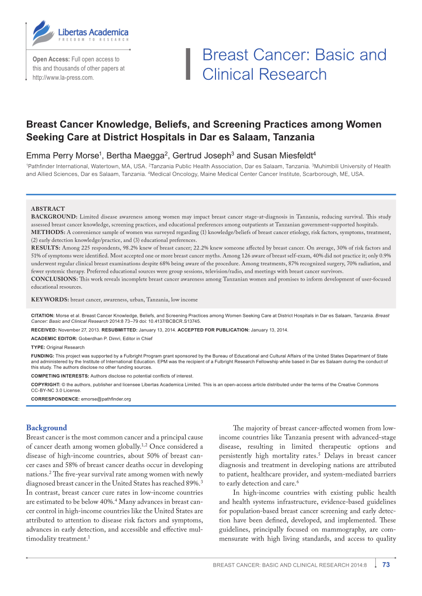 PDF) Breast Cancer Knowledge, Beliefs, and Screening Practices among Women  Seeking Care at District Hospitals in Dar es Salaam, Tanzania