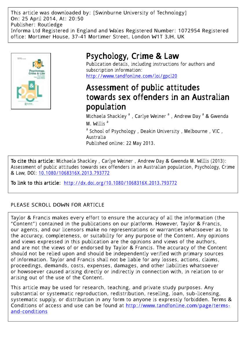 Pdf Assessment Of Public Attitudes Towards Sex Offenders In An Australian Population 