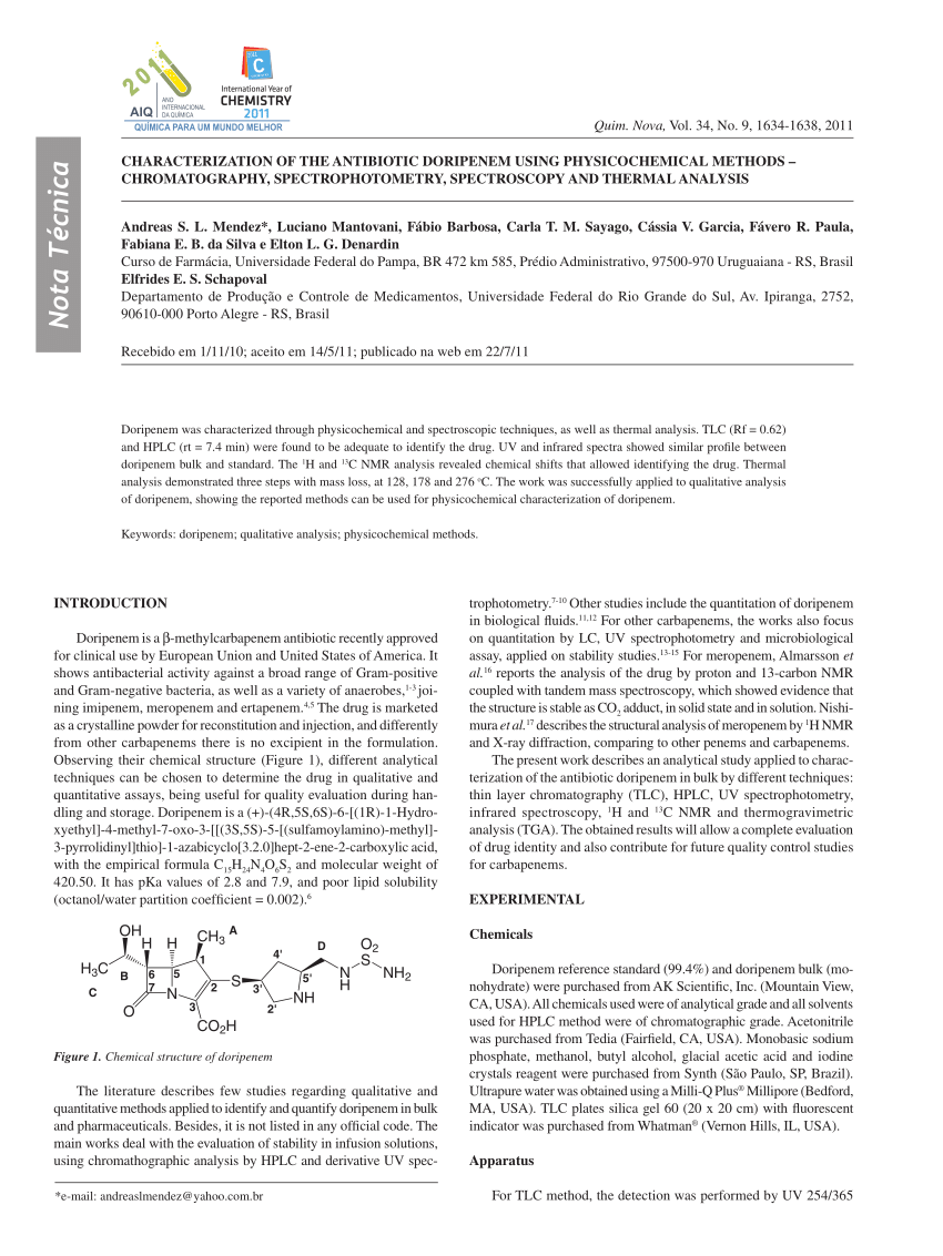 Pdf Characterization Of The Antibiotic Doripenem Using Physicochemical Methods Chromatography Spectrophotometry Spectroscopy And Thermal Analysis