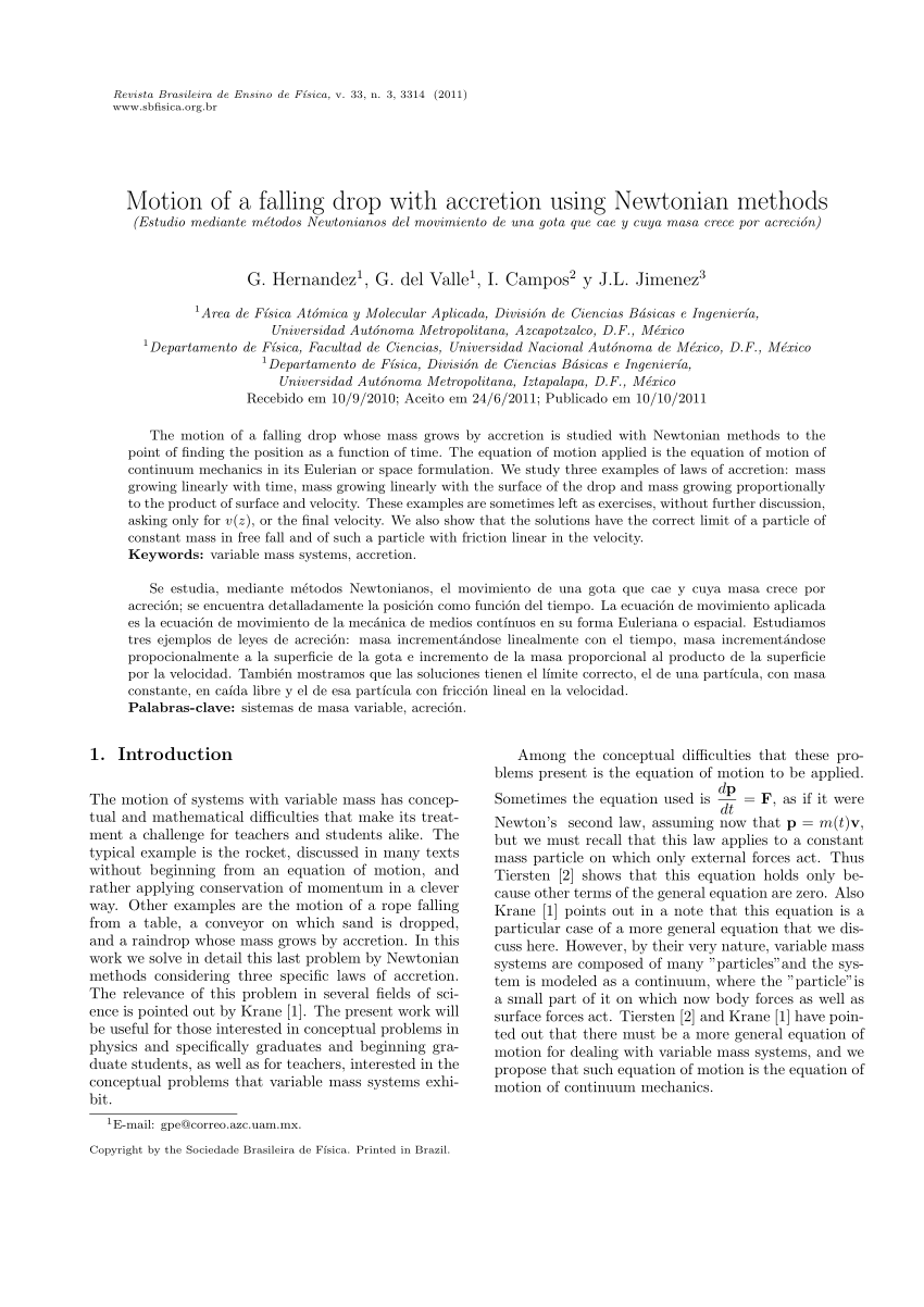 Pdf Motion Of A Falling Drop With Accretion Using Newtonian Methods