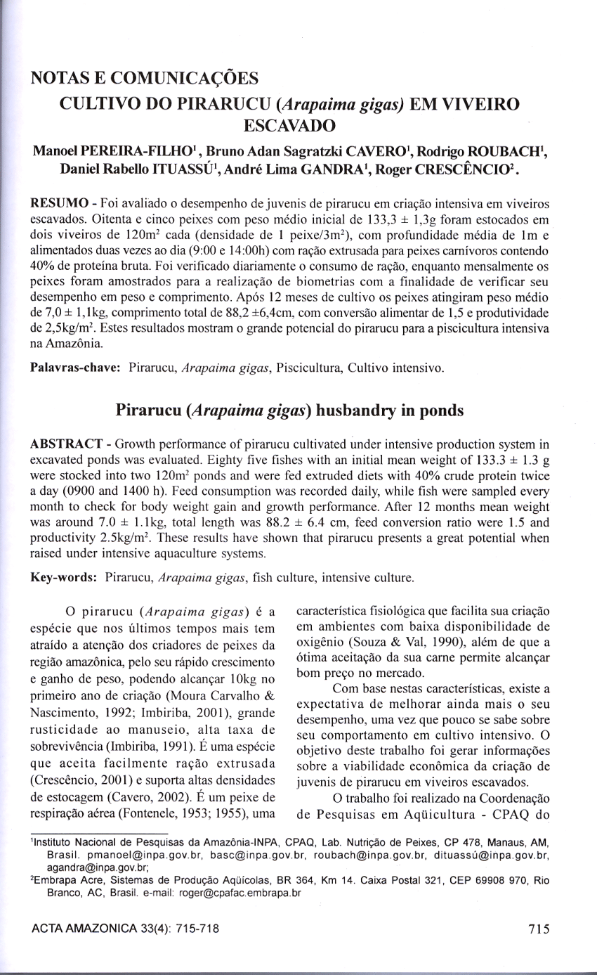 PDF) INOVAÇÕES NOS ASPECTOS PRODUTIVOS DO PIRARUCU (Arapaima gigas)  CULTIVADO NA AMAZÔNIA OCIDENTAL