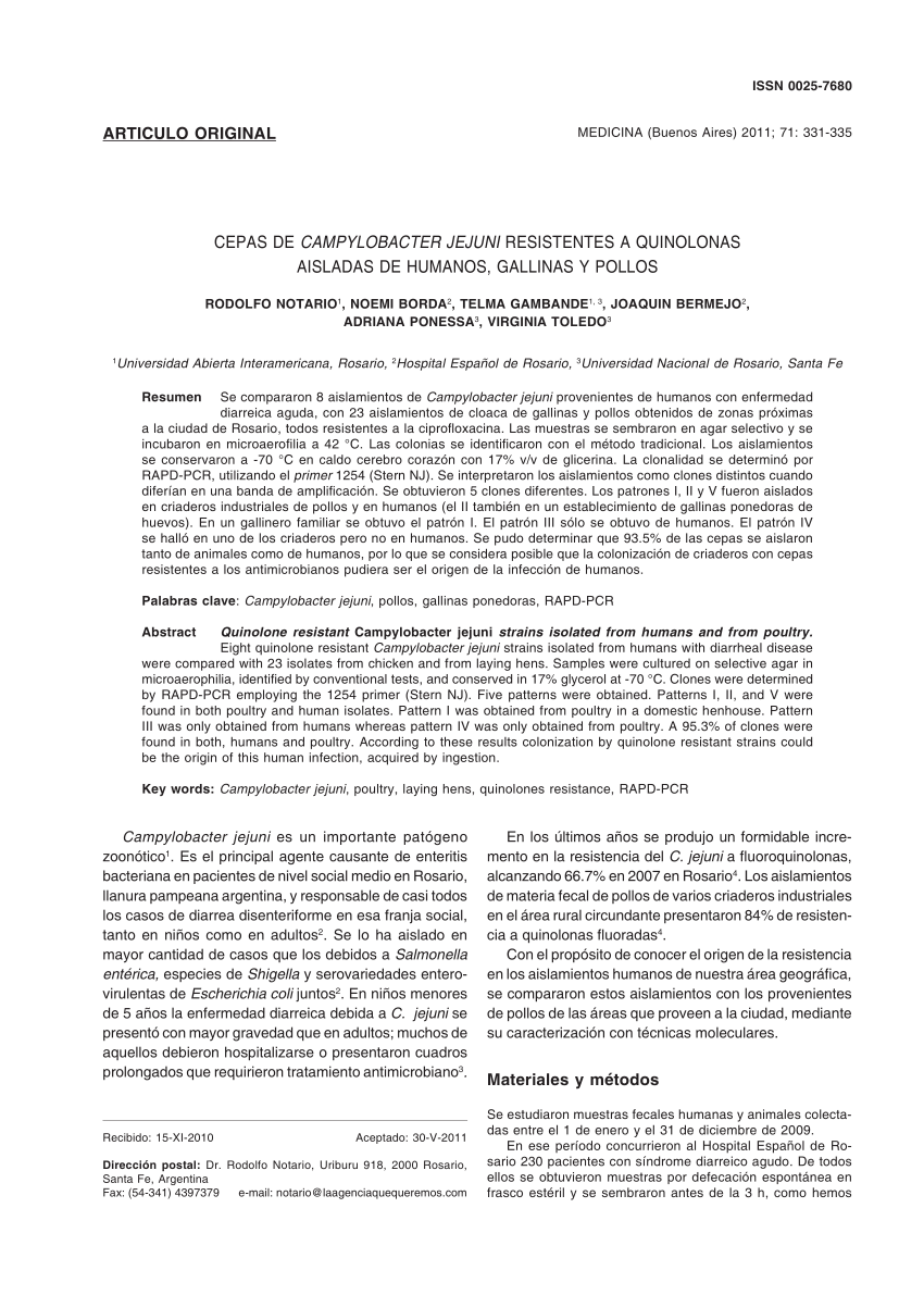 PDF) Cepas de Campylobacter jejuni resistentes a quinolonas aisladas de  humanos, gallinas y pollos