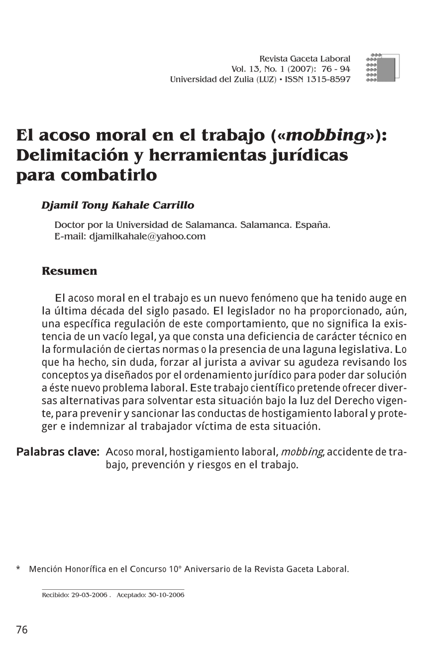 PDF) El acoso moral en el trabajo («mobbing»): Delimitación y herramientas  jurídicas para combatirlo