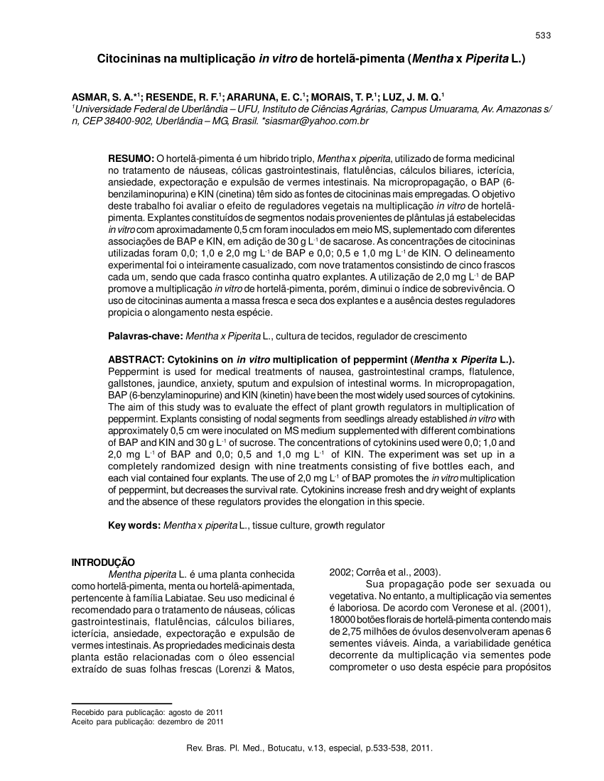 Pdf Cytokinins On In Vitro Multiplication Of Peppermint Mentha X Piperita L