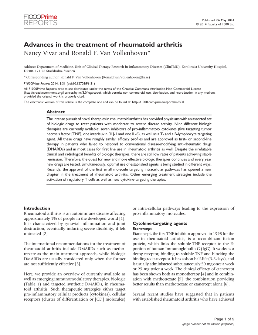 literature review of rheumatoid arthritis treatment