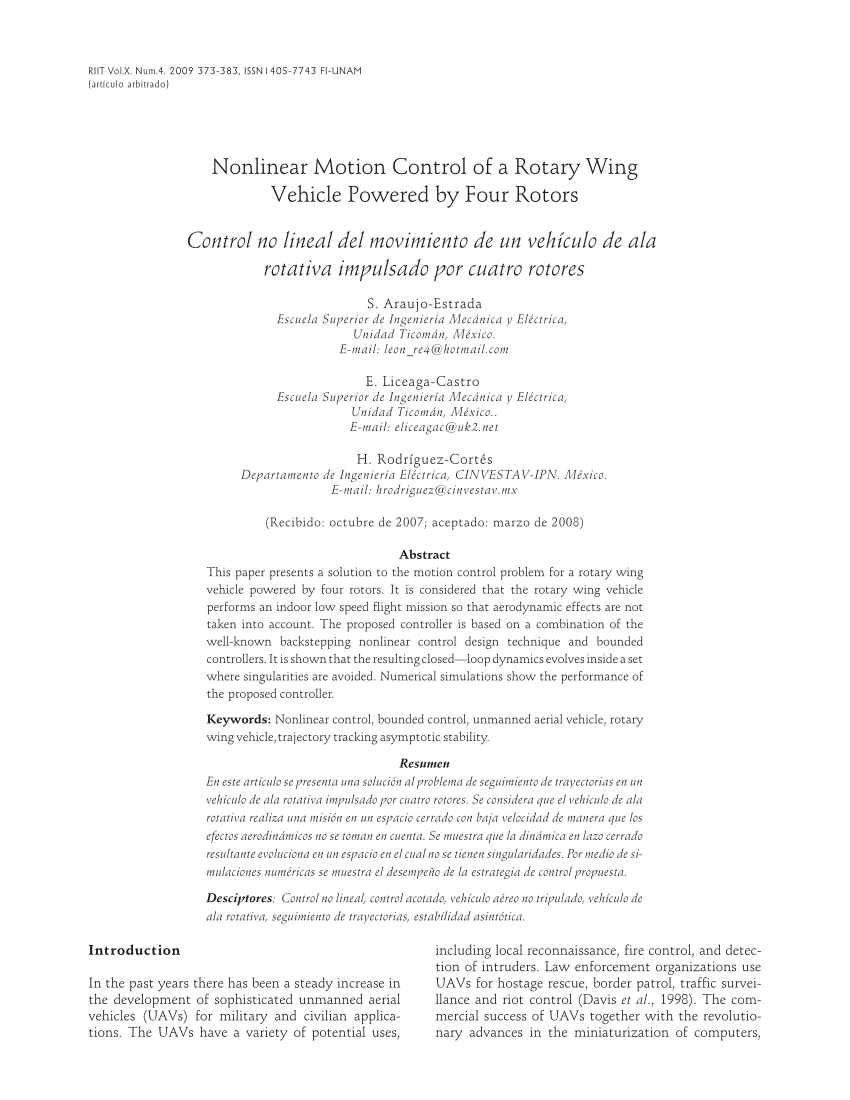 Pdf Control No Lineal Del Movimiento De Un Vehiculo De Ala Rotativa Impulsado Por Cuatro Rotores