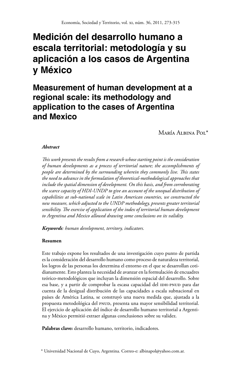 Pdf Medición Del Desarrollo Humano A Escala Territorial Metodología Y Su Aplicación A Los 0140