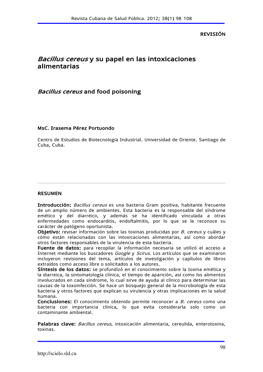 Pdf Bacillus Cereus Y Su Papel En Las Intoxicaciones Alimentarias