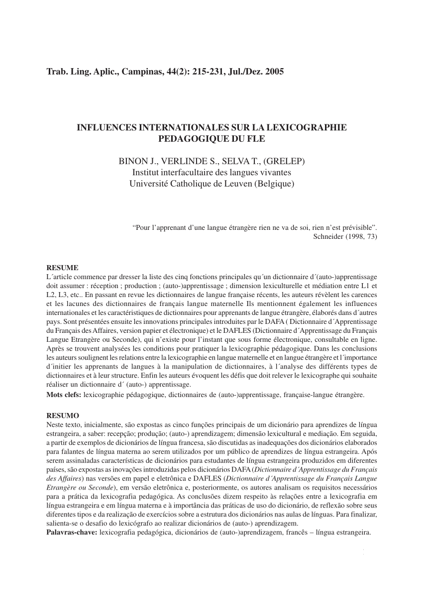 PDF) Influences internationales sur la lexicographie pedagogique du fle