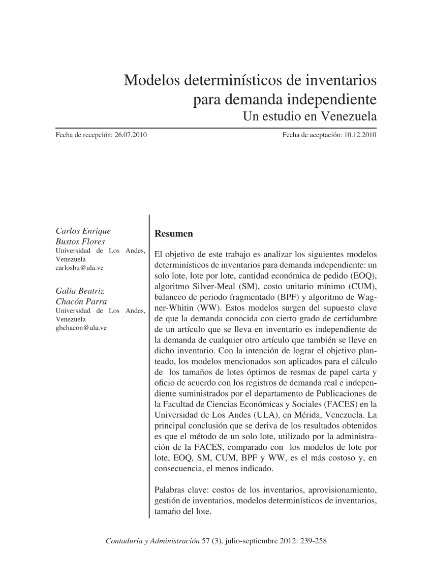 PDF) Modelos determinísticos de inventarios para demanda independiente: Un  estudio en Venezuela
