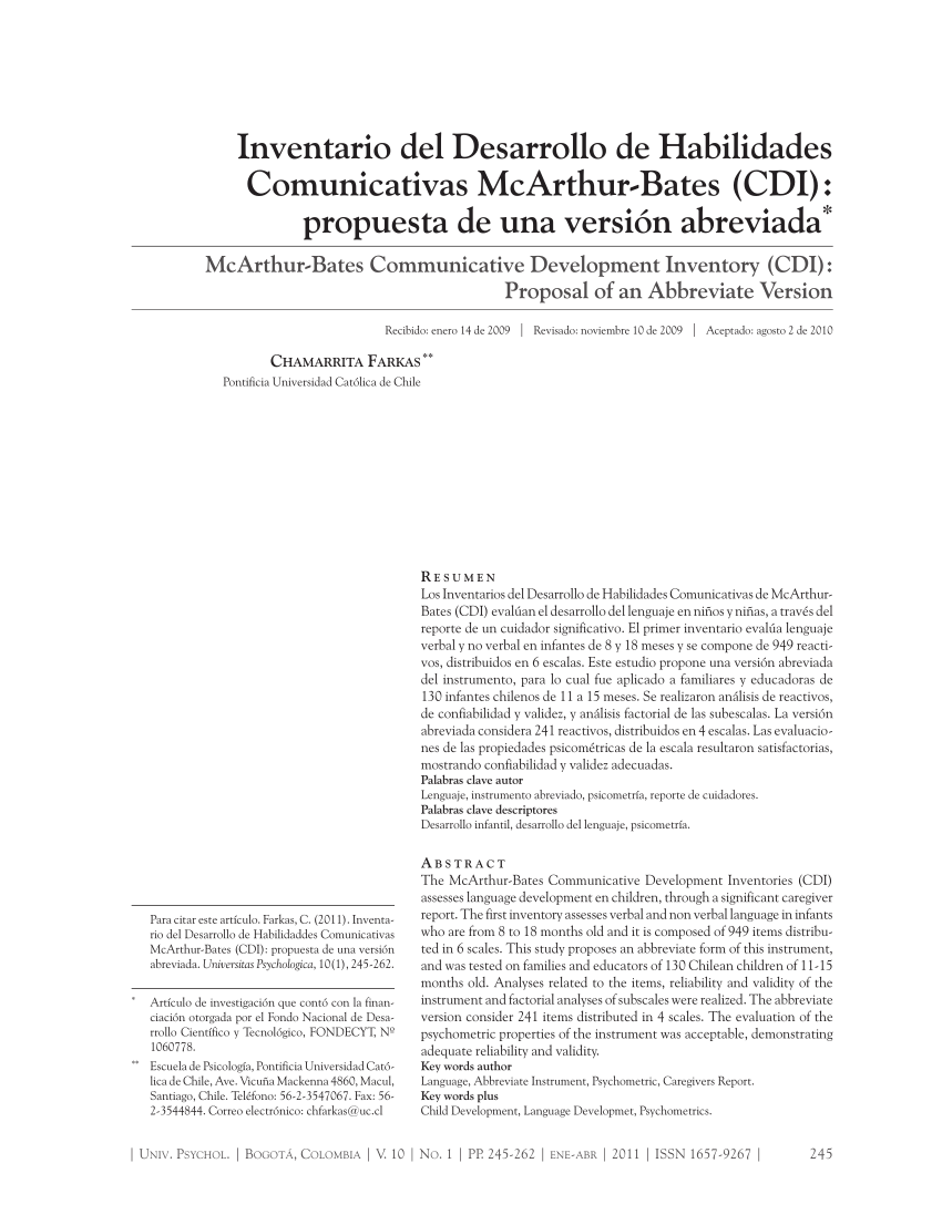 (PDF) McArthur'Bates Communicative Development Inventory (CDI